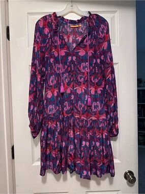 Oliphant Floral Tie-Neck Long Sleeve Mini Dress in Magenta and Navy